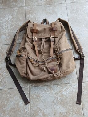 Brown Canvas Drawstring Ruckpack Backpack with Leather Buckle Straps